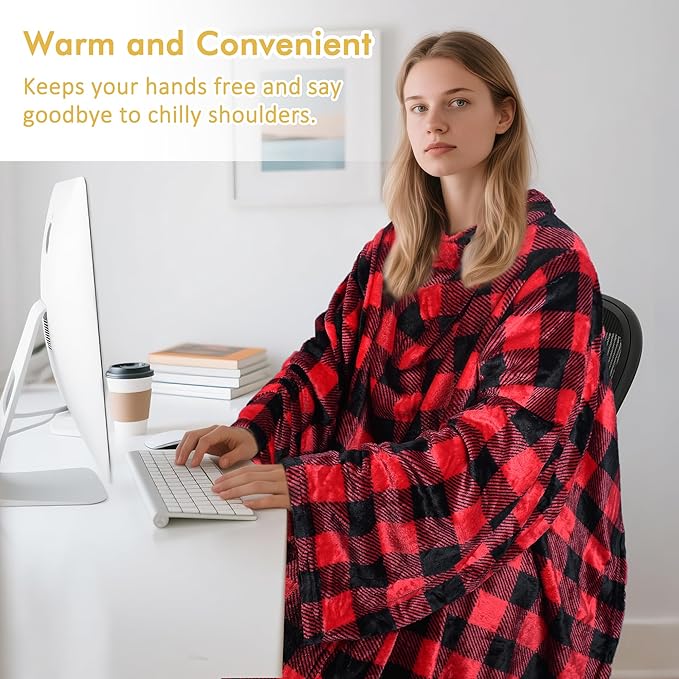 Catalonia Wearable Fleece Blanket with Sleeves and Foot Pockets for Adult Women Men, Micro Plush Comfy Wrap Sleeved Throw Blanket Robe Large, Red Checker Plaid