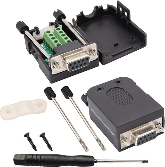 DB9 Screw Terminal Block Adapter D-SUB 9-pin RS232 Female to 9 +1 Pin/Way Female Serial Terminal Breakout Board Connector Signal Module with case (2Pcak/Female)