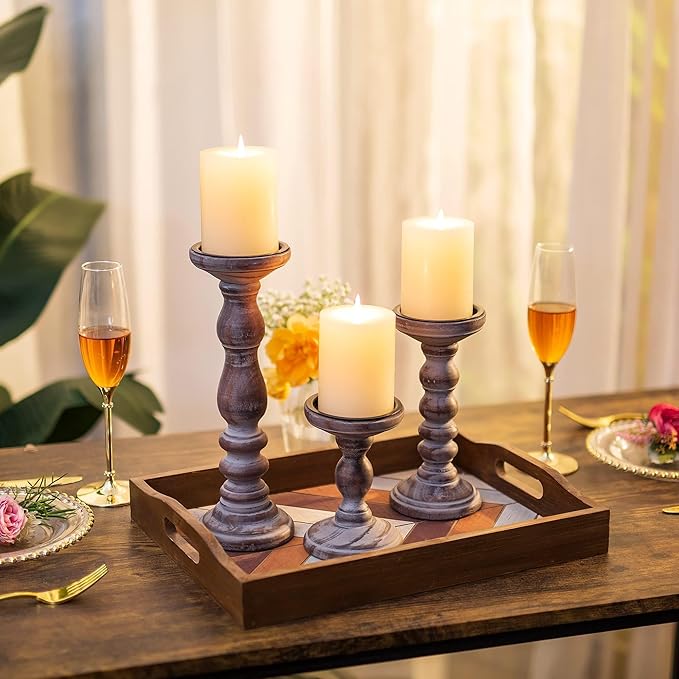 Wood Pillar Candle Holder: 3Pcs Rustic Candle Holders for Pillar Candles Wood Candle Holders Distressed Wooden Farmhouse Large Candle Holder for Fireplace Table (Brown, 6", 8", 12")
