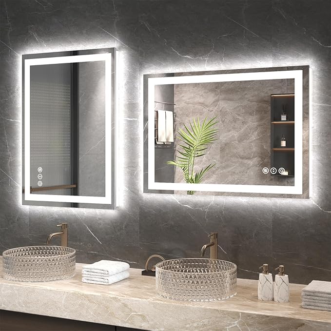 24"X36" LED Bathroom Mirror with Front Lights and Backlit, Anti-Fog, Dimmable, Shatter-Proof Tempered Glass, Lighted Bathroom Vanity Mirror for Wall with 3 Colors, Memory Function