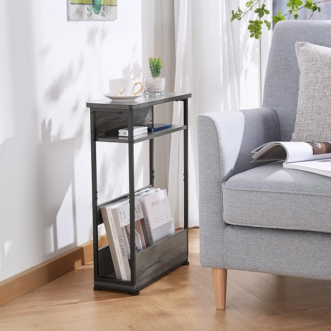 Vintage Narrow Side Table with Storage Shelf, 3 Tier Slim End Table Modern Sofa Table for Narrow and Small Spaces, 24.6 Inch Height Bedside Table Nightstand (Grey, Large)