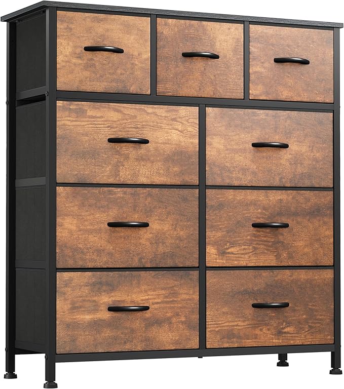 YITAHOME Dresser for Bedroom with 9 Drawers - Fabric Storage Tower, Tall Chest Organizer Unit for Living Room, Entryway, Closets with Sturdy Steel Frame, Wooden Top, Brown