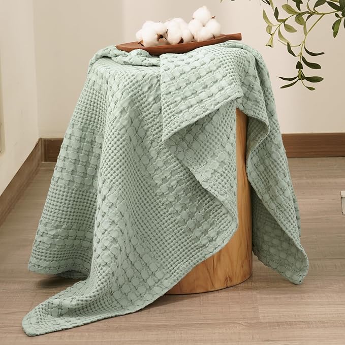 PHF 100% Cotton Waffle Weave Throw Blanket, Soft Lightweight Breathable Cozy Throws for Couch Bed Sofa, Luxury Aesthetic Woven Blanket for Home Decor & Office, 50"x60", Mint Green
