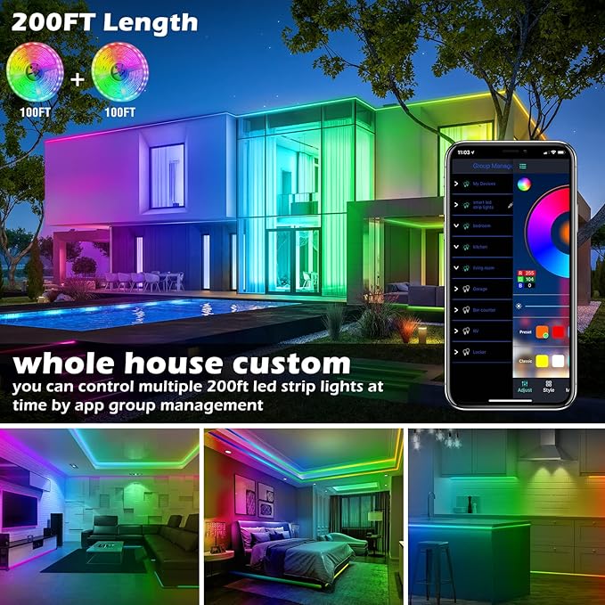 AILBTON 200ft Led Strip Lights(2 Rolls of 100ft led Lights) Ultra Long Led Light Strip with App Voice Control Remote,5050 RGB Music Sync Color Changing Led Lights for Bedroom,Party,Home Decoration