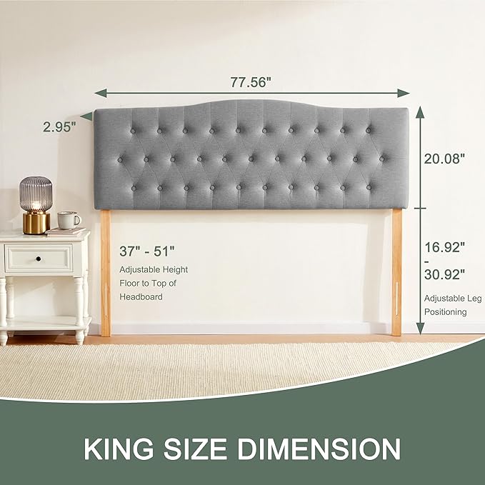 Tufted Upholstered Headboard King Size, Sturdy and Durable Solid Wood Bed headboard, Fabric Headboard Adjustable Height from 37” to 51”, Modern Button Diamond Design Head Board, Grey