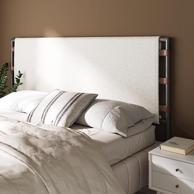 Nathan James Aspen Metal Boucle Fabric Wrapped Headboard, King, White/Gunmetal