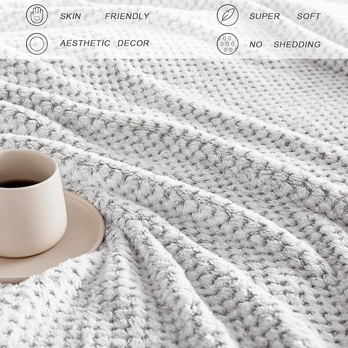 Exclusivo Mezcla Fleece Throw Blanket Extra Large, Super Soft and Warm Blankets for Couch, Sofa and Bed Waffle Textured, Cozy, Fuzzy and Lightweight (Mixed Light Grey, 50x70 Inches)
