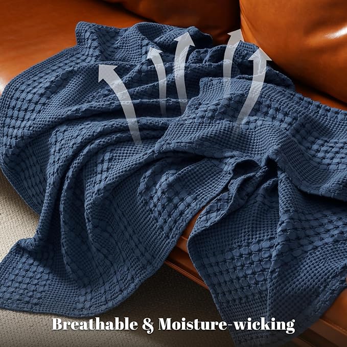 PHF 100% Cotton Waffle Weave Throw Blanket, Soft Lightweight Breathable Cozy Throws for Couch Bed Sofa, Luxury Aesthetic Woven Blanket for Home Decor & Office, 50"x60", Blue Sapphire