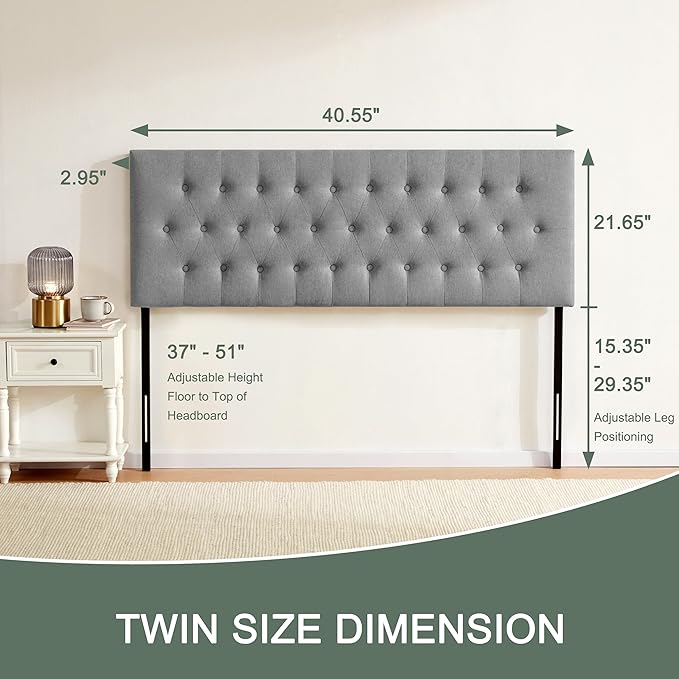Tufted Upholstered Headboard Twin Size, Solid Wood Head Board with Durable Metal Legs, Adjustable Height Twin XL headboard from 37” to 51” Fabric Headboard in Modern Button Design, Grey