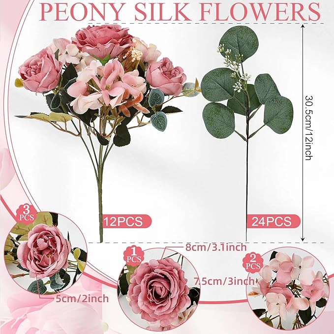 Peony Artificial Flowers, Faux Peonies Hydrangea Eucalyptus Bouquet 12 Packs Silk Vintage Realistic Peony Floral Arrangement for Wedding Centerpiece Table Vase Home Party Decor-Dusty Pink