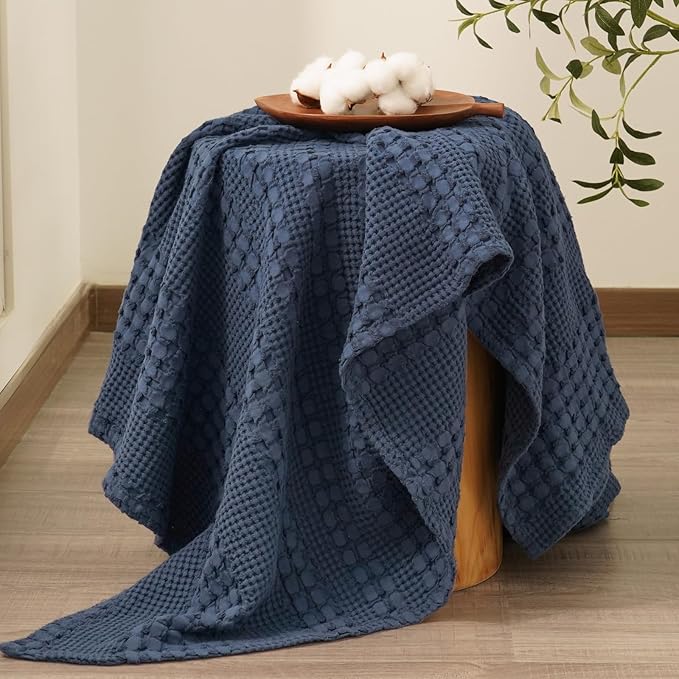 PHF 100% Cotton Waffle Weave Throw Blanket, Soft Lightweight Breathable Cozy Throws for Couch Bed Sofa, Luxury Aesthetic Woven Blanket for Home Decor & Office, 50"x60", Indigo