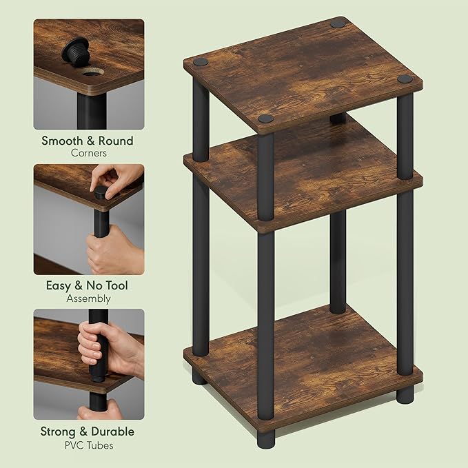 Furinno JUST Side Table Set of 2, 3-Tier End Tables, Open Shelves Night Stand, Nightstand, Toolless Assembly, for Living Room, Bedroom, Amber Pine