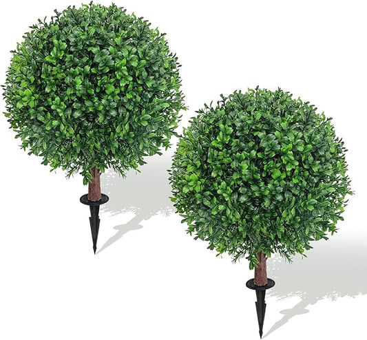 24.5" Artificial Boxwood Topiary Ball Tree with Ground Plugs [Set of 2] UV Protected Artificial Shrubs, Fake Evergreen Artificial Plants for Indoor and Outdoor Porch Garden