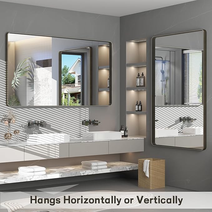 55x36 Bronze Framed Bathroom Mirror, Rectangle Brushed Bronze Metal Vanity Mirror, Large Modern Mirror for Wall, Rounded Corner, Tempered Glass, Anti-Rust, Shatterproof (Horizontal/Vertical)