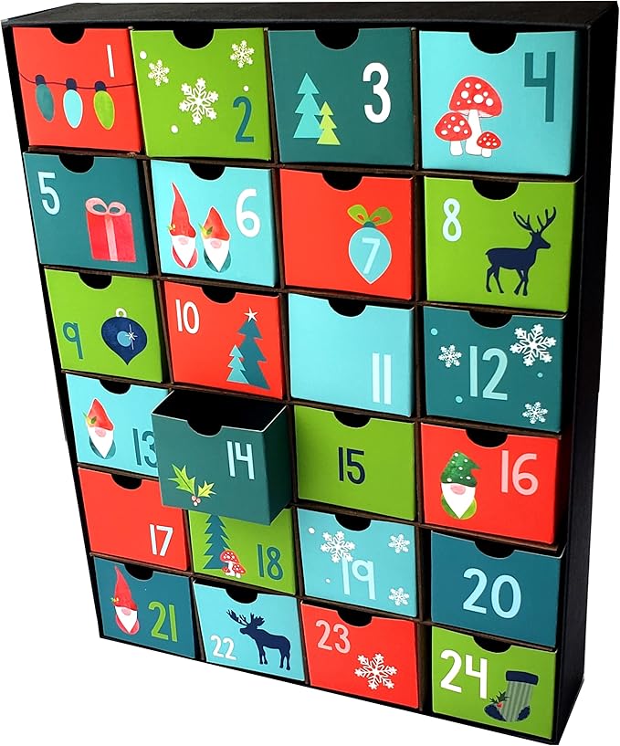 Festive Cardboard Gnome Elf Woodland Holiday Season Fill-Your-Own DIY Advent Calendar/Countdown Box | Scandinavian Nordic Themed Christmas by Nerdy Words