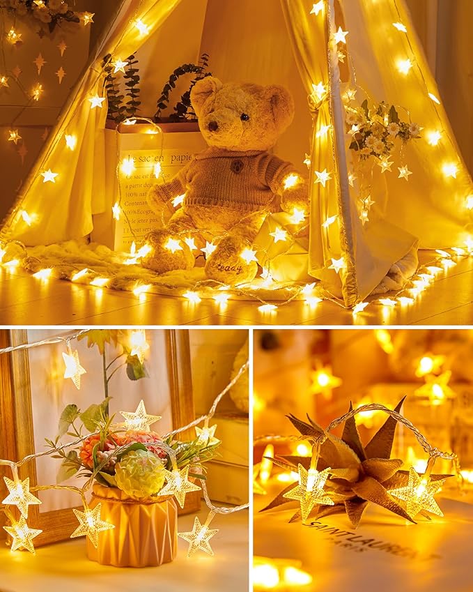Star String Lights Plug in - 66 ft 200 LED Star Fairy String Lights with Remote and Timer, 8 Modes Waterproof for Bedroom Tent Loft Bed Window Backyard Patio Porch Balcony Party, Warm White