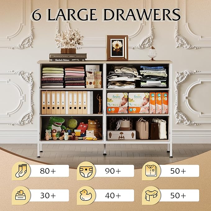 WLIVE 6 Drawer Dresser for Bedroom, Wide Fabric Dresser TV Stand for 50 Inches TV with Metal Frame, Wooden Top, Chest of Drawers, Storage Organizer for Living Room, Hallway, Light Grey