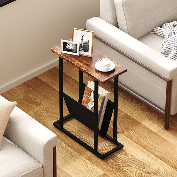 Yusong Narrow Side Table for Small Spaces, Small End Table Set of 2 with Magazine Holder, Skinny Slim Little Thin Table for Living Room, Bedroom, Sofa, Rustic Brown
