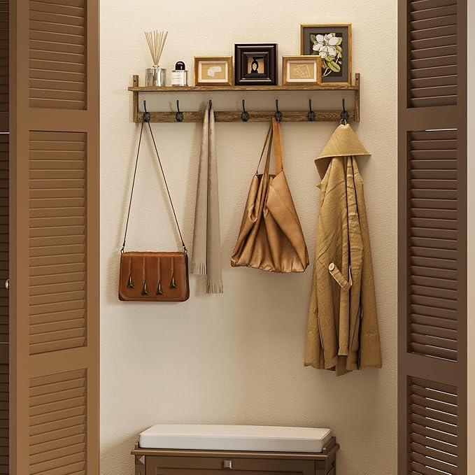 BAMEOS 35" L Wooden Coat Rack Wall Mount, Large Wall Coat Hooks with Shelf, Wall Hanging Shelf with 7 Dual Metal Hooks for Entryway, Bathroom, Kitchen, Living Room, Bedroom