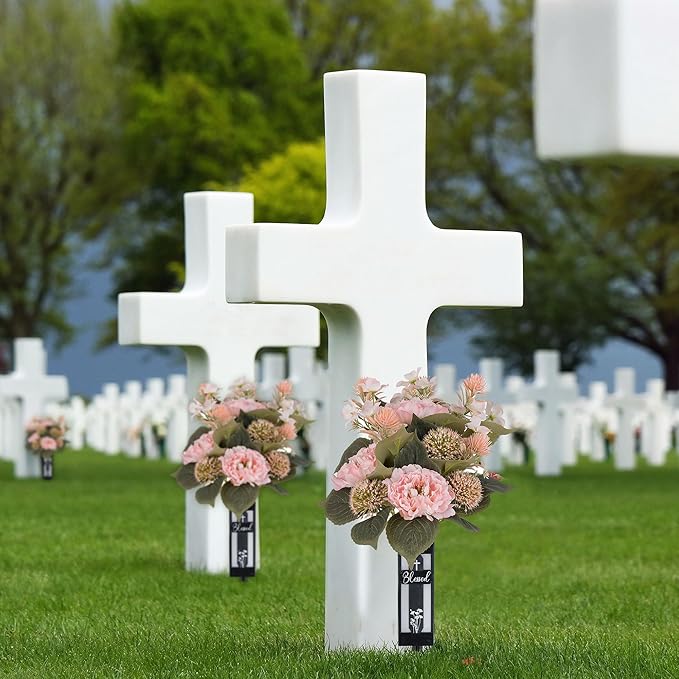 Pink Artificial Flowers for Cemetery : 2 Pcs Peony Grave Flower Bouquets for Cemetery Decorations - Outdoor Gravesite Flowers with Vase