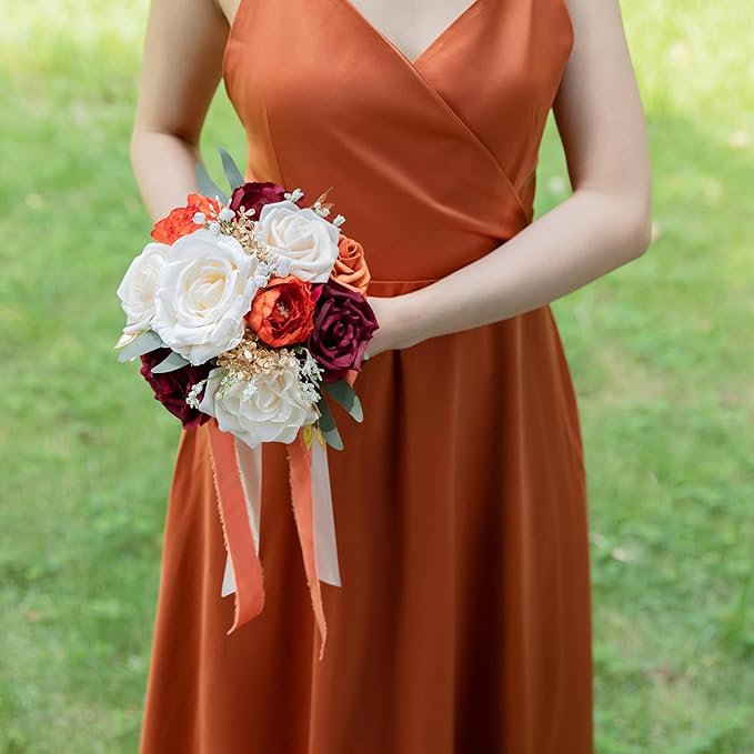 ponatia Burnt Orange Wedding Bouquets for Bride Bridesmaid, Artificial Burgundy Prom Flowers Bouquet for Weddins, Ceremony, Anniversary, 7 Inches