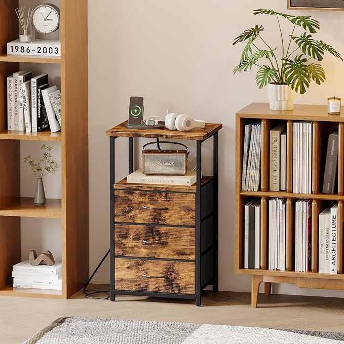 Fixwal Night Stand with 3 Fabric Drawers, Nightstand for Bedroom, Bedside Table with Charging Station End Table with Storage, Rustic Brown