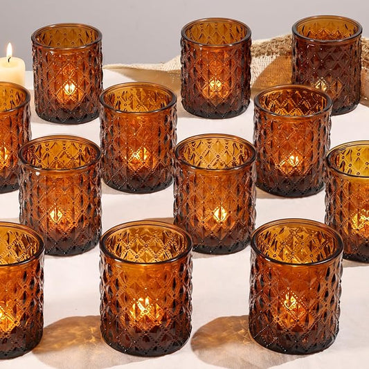 12Pcs Large Votive Candle Holders 2.8 * 3.2in Amber Tea Light Candle Holders Glass Candle Holder for Wedding Table Centerpiece, Home Decor, Birdal Shower, Party, Fall Decor
