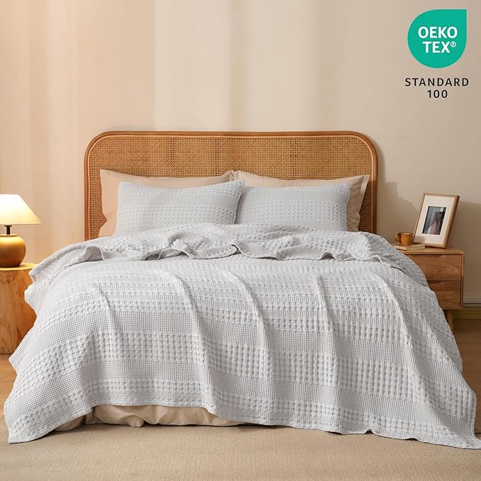 PHF 100% Cotton Waffle Weave Blanket King Size for Bed, Soft Lightweight & Breathable, All-Season Comfort, Luxury Aesthetic Woven Bedding for Home Decor, 108"x90", Light Grey