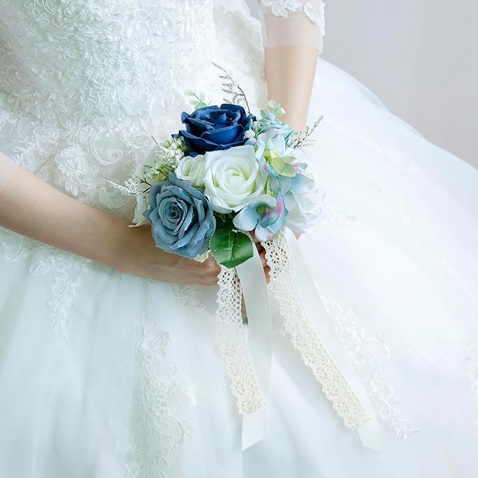 Wedding Bouquets for Bride Bridesmaid, Artificial Dusty Blue Bride Flower Bouquet for Wedding Church Decoration Ceremony, Anniversary, etc, Roses Flowers