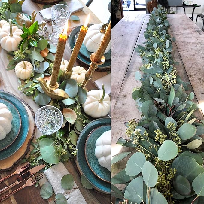 DearHouse 5.5ft Seeded Eucalyptus Garland, Artificial Vines Faux Eucalyptus Leaves Table Garland Artificial Greenery Wedding Backdrop Arch Wall Decor