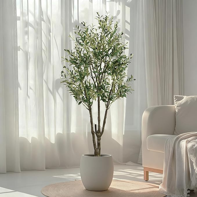 Faux Olive Tree 6ft(74in) Tall Artificial Plant Indoor Decor Large Realistic Potted Fake Modern Greenery with Natural Wood Branches and Green Leaves for Home Living Room,Bedroom,Office Decor.