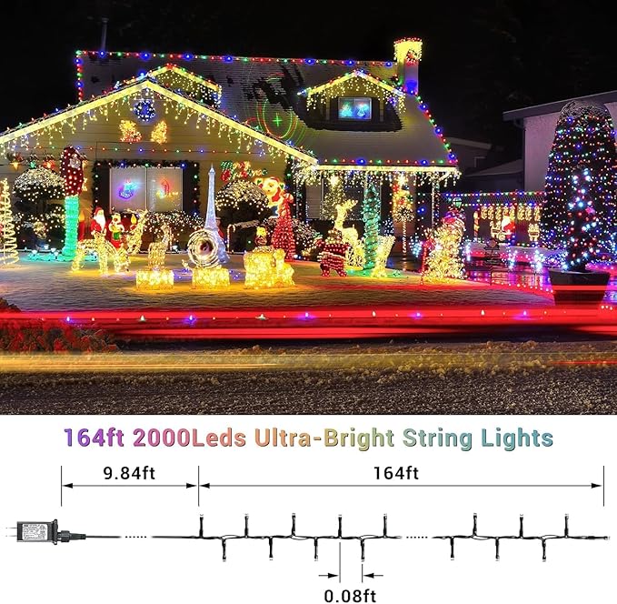 Quntis 164ft 2000 LED Cluster Christmas Lights - Dark Green Wire Christmastree Lights - Multicolor 8 Modes Outdoor Waterproof LED String Lights Plug in for Holiday Wedding Party Home Decor