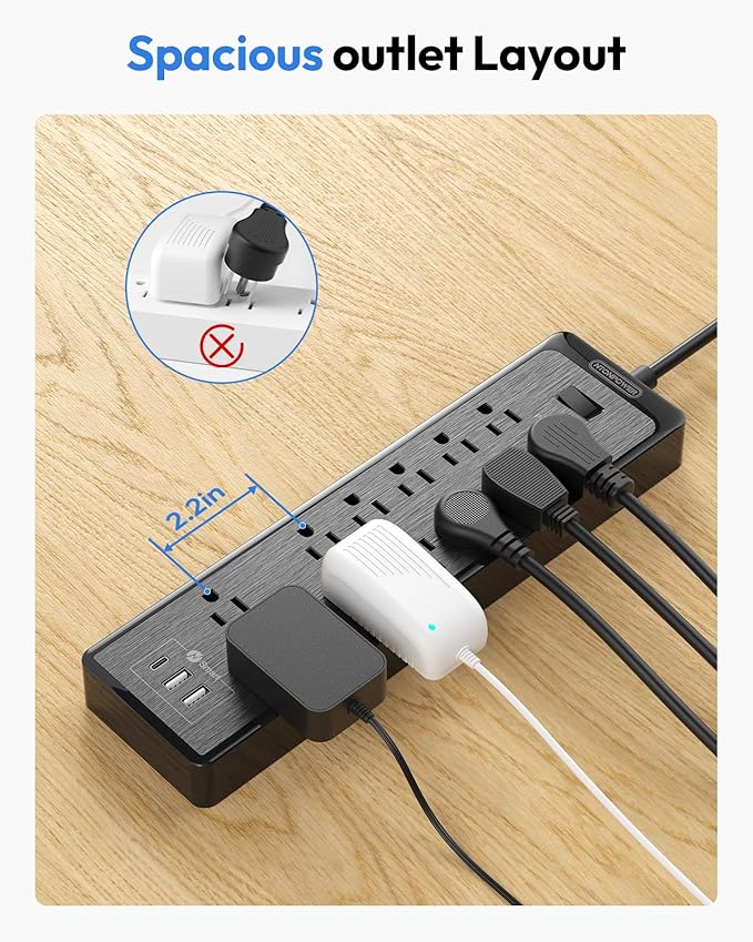 NTONPOWER 25 Ft Extension Cord Flat Plug, 12 Outlets(2 Widely Space) 3 USB with 2100J Surge Protector Power Strip, Overload Protection, 1875W/15A, Wall Mount for Home Office, Workbench or Garage,Black