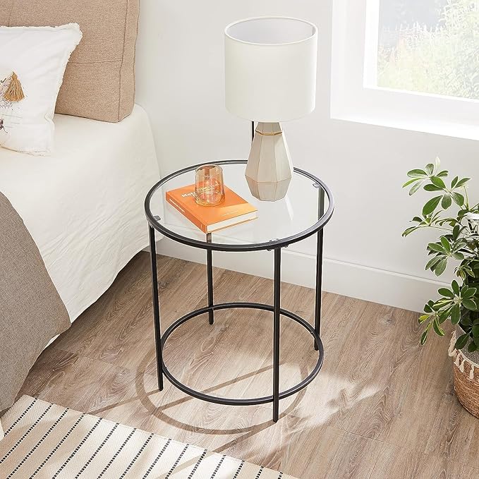 VASAGLE Round Side Tables, Set of 2, Glass End Tables with Metal Frame, Black Coffee Tables with Modern Style, for Living Room, Balcony, Bedroom, Black