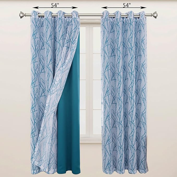 BONZER Mix and Match Curtains - 2 Pieces Branch Print Sheer Curtains and 2 Pieces Blackout Curtains for Bedroom Living Room Grommet Window Drapes, 54x84 Inch/Panel, Teal, Set of 4 Panels