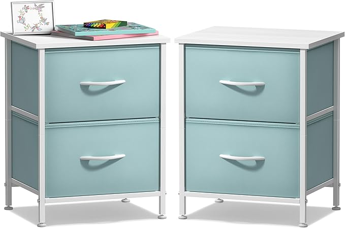 Sorbus Nightstand with 2 Drawers - Kids Bedside Furniture End Table Night Stand - Steel Frame, Wood Top & Easy Pull Fabric Bins - Dresser & Chest for Home, Bedroom Accessories, Office & Dorm (2 Pack)