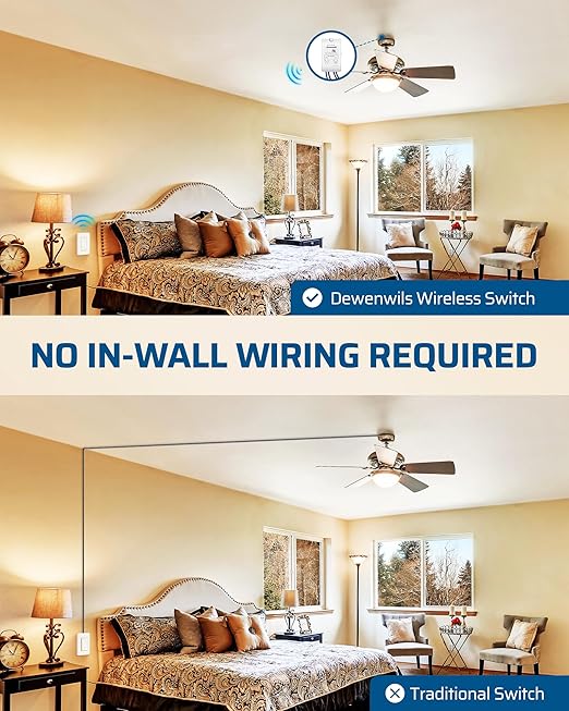 DEWENWILS Wireless Light Switch Kit - No Wiring, 10A/1000W, 100 Ft RF Range, Remote Control for Ceiling Lights, Fans, Lamps