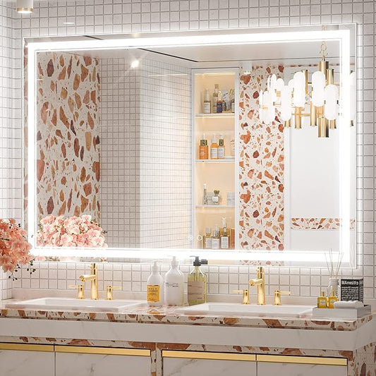 Keonjinn LED Bathroom Mirror with Lights, 60 x 40 Inch, Dimmable, Anti-Fog, Waterproof, Wall Mounted, Home Mirror