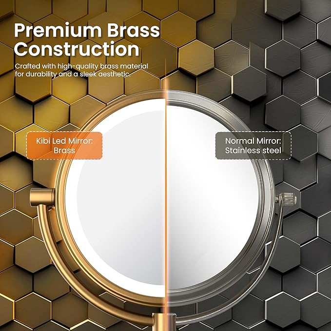 KIBI Circular Wall Mount Makeup Mirror with LED Lights, Dual-Sided 1x/5x Magnifying Mirror with Adjustable Arm, 360° Swivel, Solid Brass Construction for Durability and Style (Chrome, KMM101)