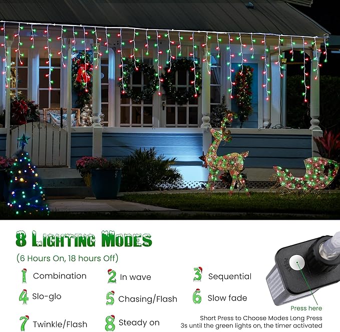Toodour Red & Green Christmas Icicle Lights, 29.5ft 360 LED Icicle Lights, 8 Modes, 60 Drops, Window Curtain Led Christmas Light, Icicle Twinkle Light for Eaves, Party, Wedding, Xmas Decorations