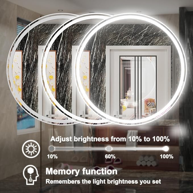 32 Inch Frameless Round Lighted Bathroom Mirror with Front & Backlit - 6000K Daylight, Dimmable, Anti-Fog, CRI 90+, 5mm HD LED Mirror