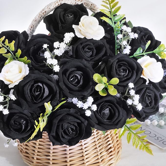 BLEUM CADE 100 Pcs Black Roses Artificial Flowers, Real Touch Velvet Roses Fake Flowers Bulk, Artificial Roses Bouquet with Long Stems Bridal DIY Wedding Party Centerpiece Decorations