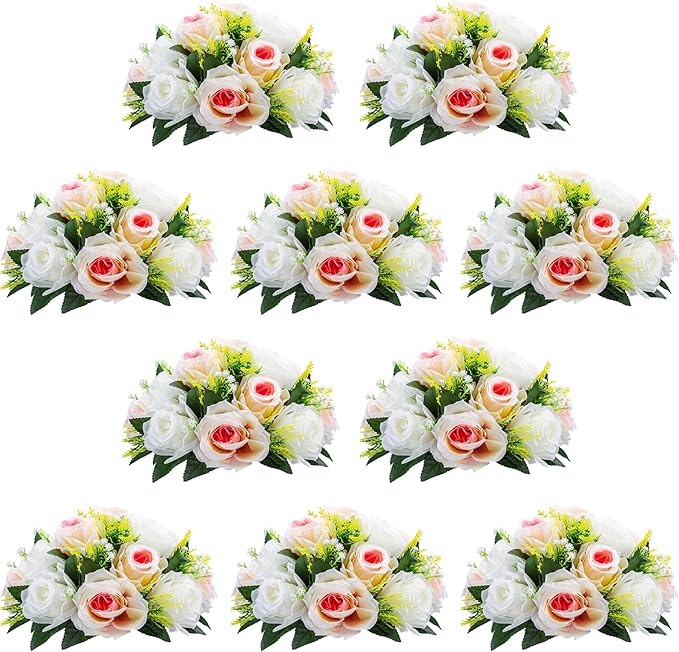 NUPTIO Pcs of 10 Fake Flower Ball Arrangement Bouquet,15 Heads Plastic Roses with Base, Suitable for Our Store's Wedding Centerpiece Flower Balls for Centerpieces Home Décor (Pink Champagne & White)