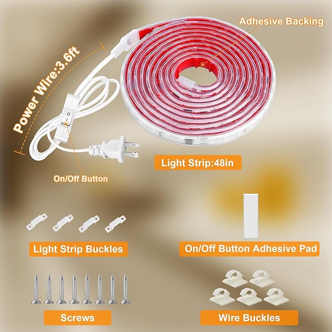 maylit Under Cabinet Strip Lighting Plug in 48in, Ultra Bright Small LED Light Bar, 2700K Warm White, Wired Lights for Kitchen Cabinet, Counter, Workbench, Desk, Closet, Shelf, Indoor