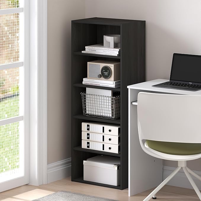 Furinno Basic Book Shelf, 5-Tier Bookshelf, Cube Storage Organizer Bookcase with Open Shelf, 11 x 17 x 44, for Living Room, Bedroom, Home Office, Espresso