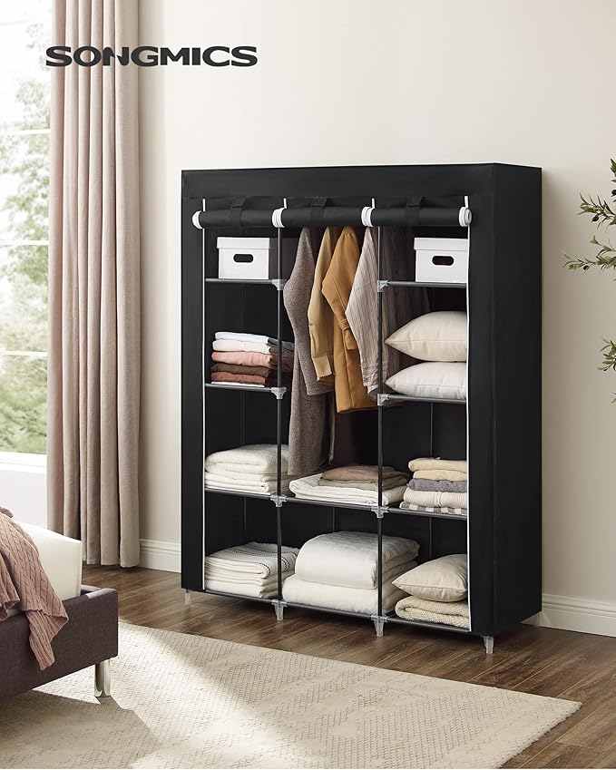 SONGMICS Portable Closet, Clothes Storage Organizer with 10 Shelves, 1 Clothes Hanging Rail, Non-Woven Fabric Closet, Metal Frame, 51 x 17.7 x 66.1 Inches, Black URYG93BK