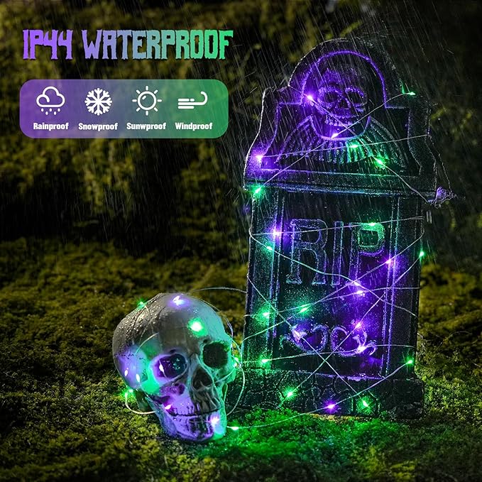 JMEXSUSS 4 Pack 50 LED Purple and Green Fairy Lights Battery Operated, 16ft String Fairy Lights for Tree Party Holiday Decor