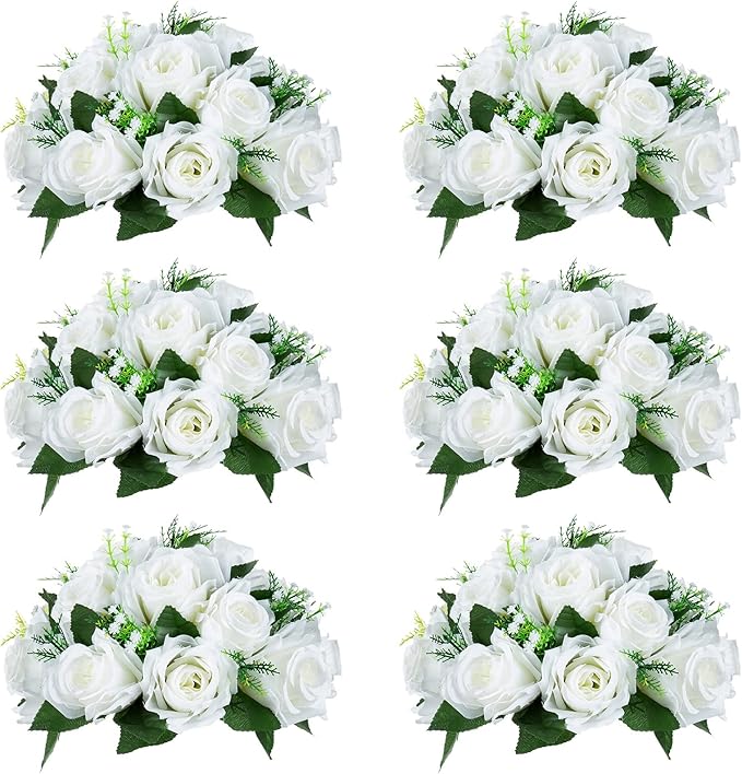 NUPTIO Pcs of 6 Fake Flower Ball Arrangement Bouquet,15 Heads Plastic Roses with Base, Suitable for Our Store's Wedding Centerpiece Flower Rack for Parties Valentine's Day Home Décor (Pure White)