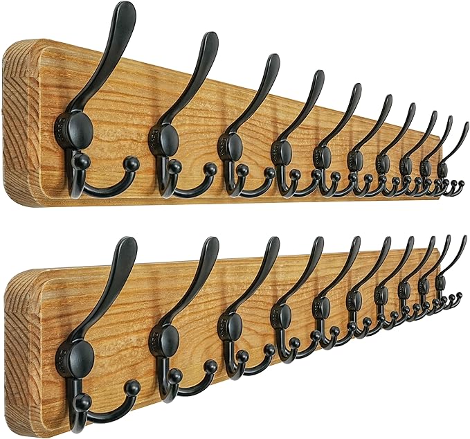 Dseap Coat Rack Wall - Heavy-Duty 38-1/4" Long, with Reinforced 10 Custom Tri-Hooks, Solid Wood Wall Hanger for Coats Hat Jackets - Rustic Farmhouse Entryway Storage,Weathered Brown & Black,Pack of 2
