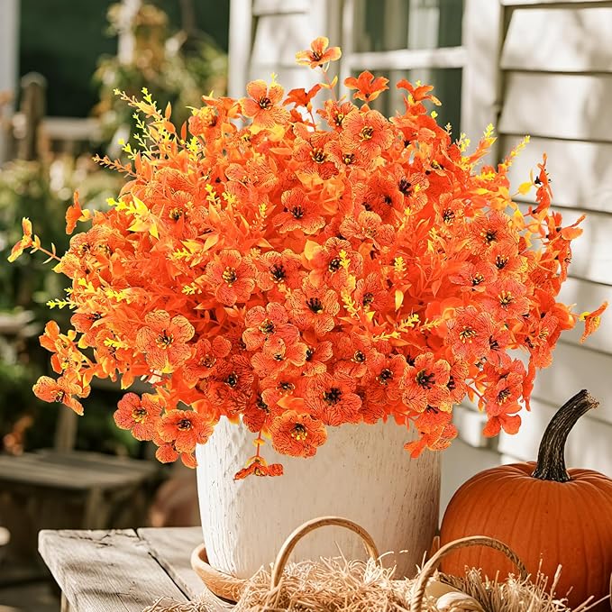 SHareconn 24 Bundles Artificial Fall Flowers for Outdoors Decoration, UV Resistant Silk Eucalyptus Lavender Faux Autumn Fake Plants for Outside Indoor Garden Yard Porch Home Decor, Sunset Red Orange